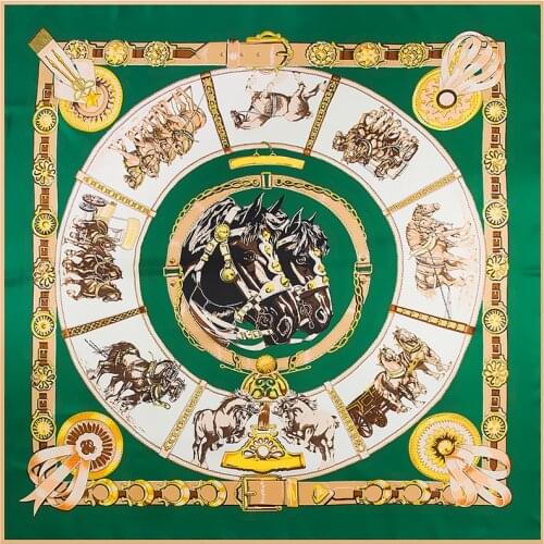 2021 New Hot Brand Shawl 100% Twill Silk Scarf Chain Horse Hijab 130cm Square Scarves Print Kerchief Woman Headband Scarf Wraps