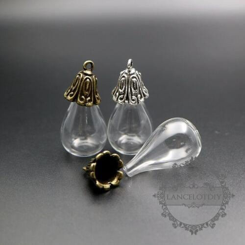 20x24mm vintage style antiqued silver,bronze flower cap bail wish vial drop flat glass bottle pendant DIY supplies 1800261