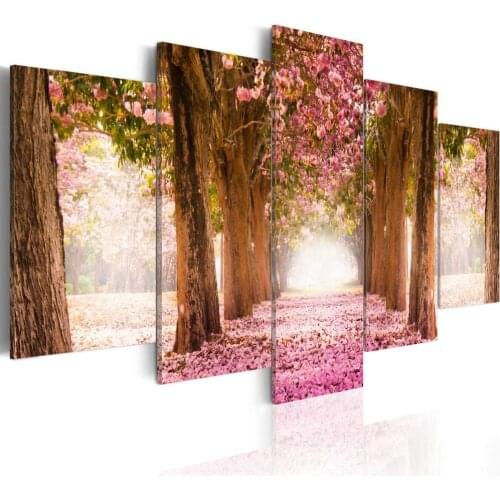 Unframed 5 Panel Cherry Blossom Pink and Green Flowers Pictures Wall Art Home Decor Posters Canvas Paintings for Living Room