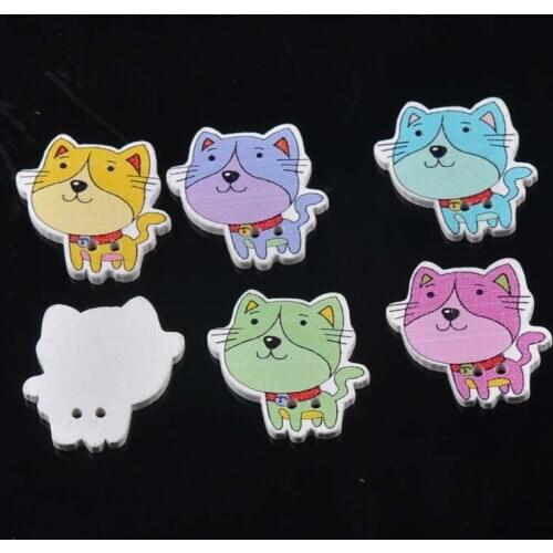 50pcs Wholesale Natural Wooden Buttons Colorful Mixed cat Scrapbook Sewing Accessories DIY Craft 24x24mm mt1571
