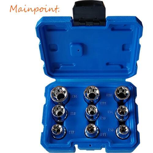 9Pcs E-Socket 1/2" Torx Star Bits Chromium-vanadium Steel Female Socket Nuts Set E10/E11/E12/E14/E16/E18/E20/E22/E24 Hand Tools