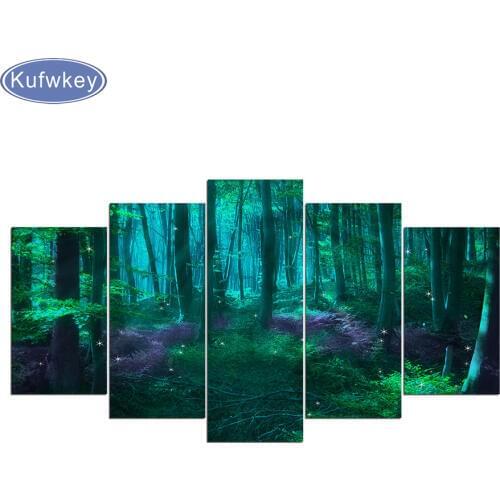 Diamond Paintings Wall Art No Frame 5 Pieces Green Tree diamond mosaic Abstract Fairy Tale Forest diamond embroidery
