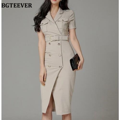 BGTEEVER Elegant Double Breasted Pockets Women Sheath Bodycon Dress Short Sleeve Belted Skinny Female Pencil Midi Dress 2021