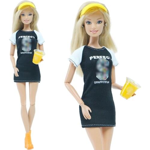 BJDBUS Black Mini T-Shirt Dress Boot Drink Cap Summer Beach Daily Cool Outfit Clothes for Barbie Doll Accessories Girl Toy