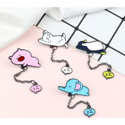 Cute Animal Brooches Pin Sleepy Pig Cat Elephant Penguin Badges Chain Metal Jewelry Fashion Enamel Pins Lapel Bag Children Gift