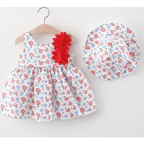 Baby Kids Girls Dresses Sleeveless Creative Flower Printing Pattern Princess Dress+hat Set Outfit Summer Dress Girl Clothes