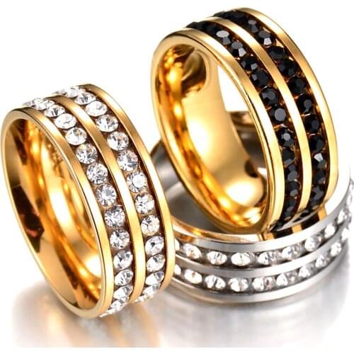 Double Rows Crystal Clear Black Stainless Steel Couple Ring Wedding Band Engagement Men Women Stackable Eternity Rings Jewelry