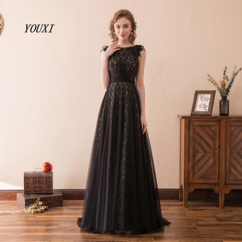 Elegant Black Evening Dresses 2021 Scoop Neck Lace and Tulle Woman Long Prom Gowns