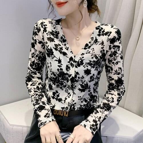 Flocking Women Tops New 2021 Autumn Winter Long Sleeve V-Neck Mesh T-Shirt Elegant Slim Plus Size Women Clothing