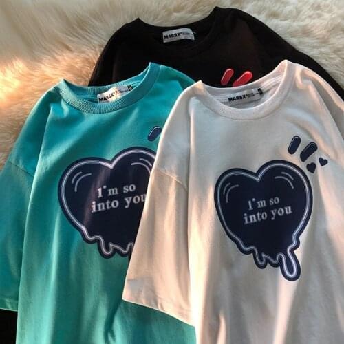 Heart Printing Short-Sleeved T-shirt for Men and Women 2021summer New Loose Korean Fashion Couple 's Tops