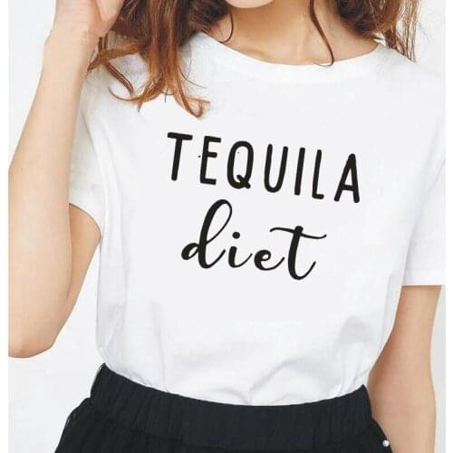Harajuku Tequila Diet Letter Print Women Tshirt Short Sleeve Casual Funny Tee Shirt Femme Hipster Plus Size Tshirts Women Tops