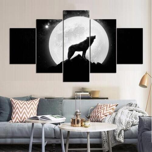 Canvas 5 Piece Howl of crescent Wolf Art Posters and Prints Painting For Living Room Decoration Pictures Wholesale