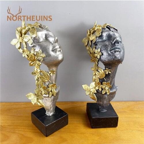 NORTHEUINS Resin Golden Butterfly Girl Mask Statue Creative Retro Beauty Figurines For Interior Home Office Desktop Decoration