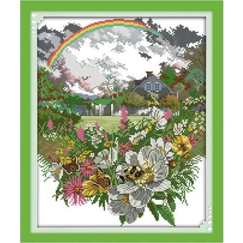 The after rain rainbow flowers counted 11CT 14CT DIY kit wholesale Cross Stitch embroidery needlework Sets home decor