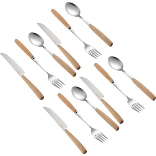 12 Pieces Cutlery Sets,Wood Stainless Steel Cutlery Set Wooden Handle Flatware Set Knife Fork Spoon Set Tableware