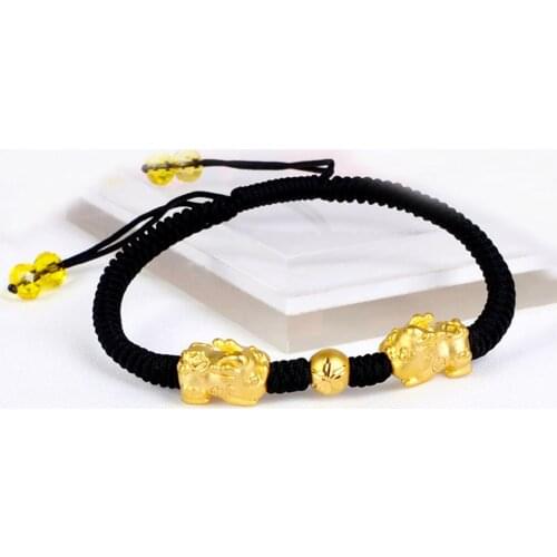 Real 24K Yellow Gold 3D Craft Lovely Pixiu Baby with Rice Star Pattern Gold Bead Black Cord Weave Bracelet For Woman