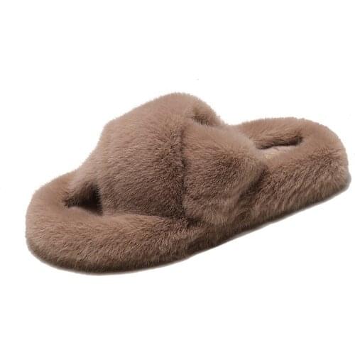 2021 New Winter Women House Furry Slippers Fashion Faux Fur Warm Comfortable Women Flats Female Home Slides Black Plush Slippers
