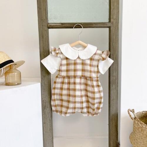 New Arrival Toddler Baby Romper Plaid Summer Girls Clothes Ruffle Jumpsuit Cotton Kid T-shirt Set Short Sleeve Baby Clothing Set