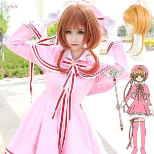 New Halloween Cardcaptor Sakura: Clear Card Sakura Kinomoto Pink Dress Cosplay Costume Custom-made For Christmas Sakura wig set