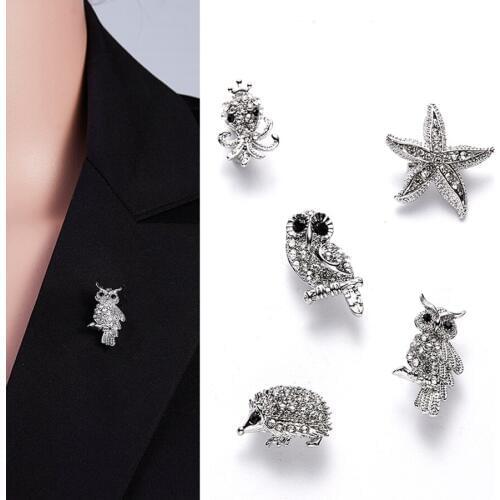 Bird Starfish Squid Hedgehog Lizard Crooked Head Owl Crystal Rhinestone Alloy Cute Animal Brooch Women Daily Jewlery