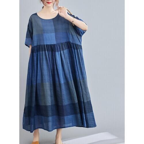 Plus Size 4XL 5XL 6XL Plaid Cotton Dress Women Oversize Loose Short Sleeve Fashion Maxi Dress Robe Female Bohemian Linen Dresses