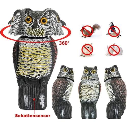 Owl Garden Ornaments Scarecrow Sound Control Light Owl Decoy Statue 360 Degree Shaking Head Owl Garden Decoration