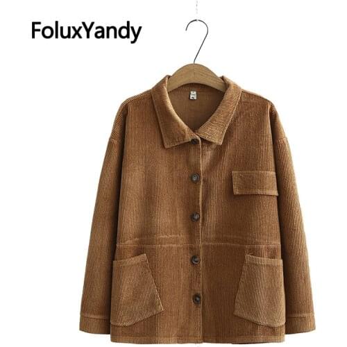 Corduroy Jacket for Women Casual Autumn Coats Outerwear Pockets Loose Long Sleeve Plus Size Jacket KKFY4896