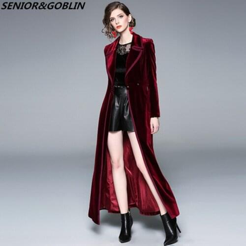 2019 Winter X-Long Burgundy Windbreaker Women Velvet Trench Coat Long RunwayTrench Loose Vintage Ankle Length Thick Maxi Outwear