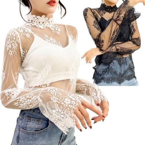 Womens Mock Neck Long Sleeve Sheer Mesh T-Shirt Floral Applique Eyelash Lace Pullover Tops Sexy Hollow Out Crochet Blouse Clubwe