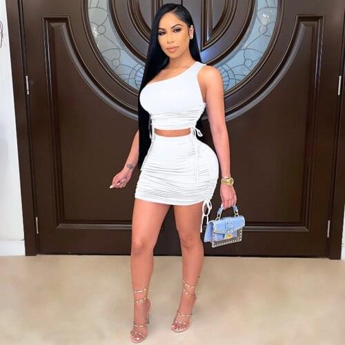 Women Summer 2Pcs Skirt Sets Outfits Solid Color Single-Shoulder Drawstrings Crop Tops Ruffled Skirt Clothes Suit for Female New