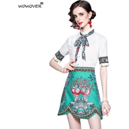 Womens Retro Fashion Runway Two Piece Dress Suit 2021 Designer Ruffled Collar White Shirt and Skirt Matching Set Casual Outfits