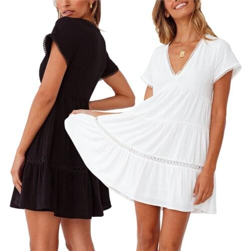 Fashion Ruffle Female Sundress Women Summer Lace Dress 2021 Sexy V Neck Short Mini Vestidos A Line Loose Casual Dresses