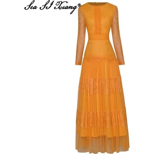 Seasixiang Fashion Designer Autumn Lace Dress Women O-Neck Long Sleeve Hollow Out Vacation Maxi Dresses