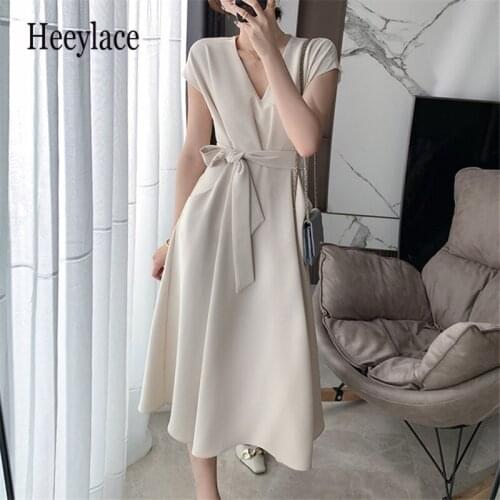 Summer New Women Midi Slim Solid Dress Short Sleeve Elegant Bandge A Line Office Lady Dresses Vestidos