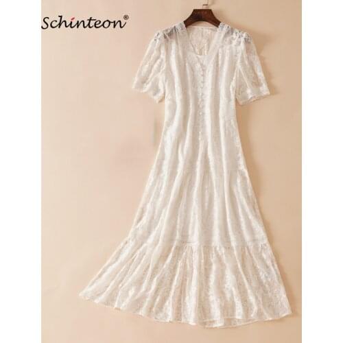 Schinteon New Women Embroidery Long Dress Real Silk V-Neck Collar Lace Patchwork Elegant Two Peices Womens Sets Top Quality