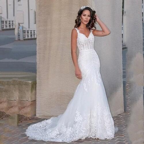 2021 V-Neck Spaghetti Straps Lace Backless Mermaid Tulle Wedding Dress Bridal Gowns Robes De Mariées Vestidos De Novia