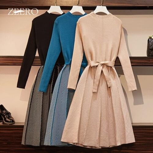 2020 Winter Female Knitting Warm Dress Women Autumn Fashion Stitching Long Sleeves Herringbone Pattern A-Line Black Base Dresses