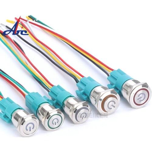 12/16/19 MM Momentary Self-locking Waterproof Flat Head Power LED lighted Metal Putton Switch With Harness