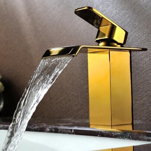 Free ship Square Modern Waterfall One Hole Bathroom Sink Faucet mixer Tap gold Free Ship
