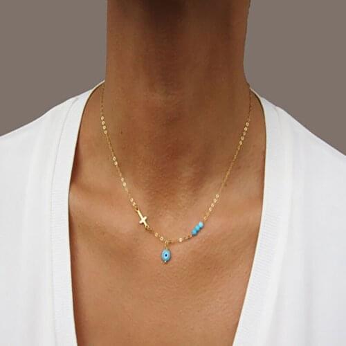 Bohemian Cross Choker Womens Necklace Blue Eye Beads Necklace Vintage Demon Eye Turquoise Necklace Party Anniversary Jewelry