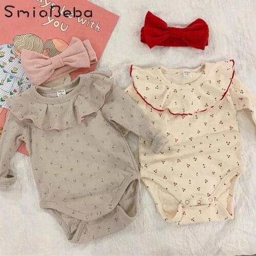 Korean Children Girls Triangle Rompers With Headband Cherry Lotus Leaf Collar Cute Net Red Creeping Suit Long Sleeve Jumpsuits