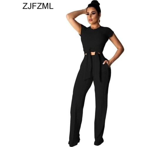 Kniteed Two Pieces Sets Women Clothes O Neck Short Sleeve Bandage Crop Top + Pocket Wide Leg Pants Candy Colors Tracksuit Outfit