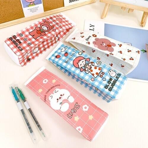 MINKYS Kawaii Cherry Bear PU Waterproof Pencil Case Milk Box Shape Pens Pouch Pencilcase Bag Kids Gift School Stationery