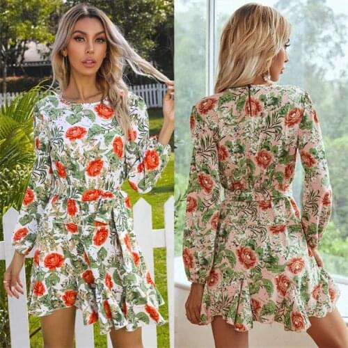 Fashion Autumn Women Floral Printed Shirts Dress Tie Waist Long Sleeves Pullover Ruffles Mini Dress 2021