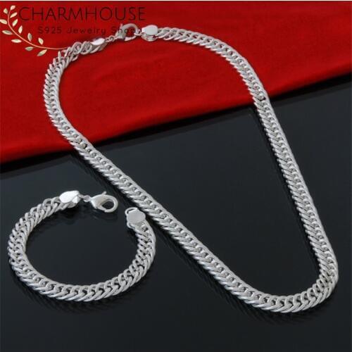 Silver 925 Jewelry Sets for Men 10mm Link Chain Necklace Bracelet Collier Pulseira 2PCS Mans Jewelry Set Accessories Bijoux