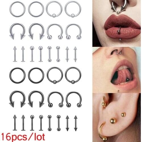 16pcs/Lot 16g Stainless Steel Septum Nose Ring Set for Women Men Ear Helix Cartilage Piercing Lip Tongue BCR Piercing Jewelry