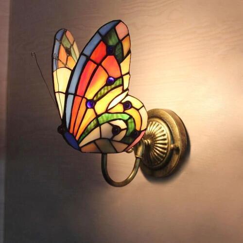 Tiffany Glass Butterfly Club Corridor Wall Light Alloy Bronze Arms Bedroom Bedsides Stair Case Wall Sconce Villa Balcony lamps