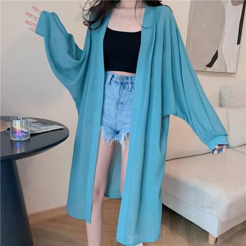 Sexy See Through Loose Long Kimono Cardigan White Chiffon Tunic Plus Size Beachwear Women Tops and Blouses Sunproof Covers Up
