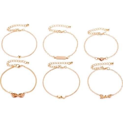Hollow Heart Number 8 Square Bead Love Golden Alloy Metallic Chain Women Bracelets 6 pcs/set