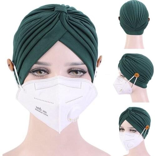 Muslim Caps Women Turban Hats With Button Bandanas Scarf Solid Hair Hats Twisted Headscarves Head Wrap Elastic India Hat
